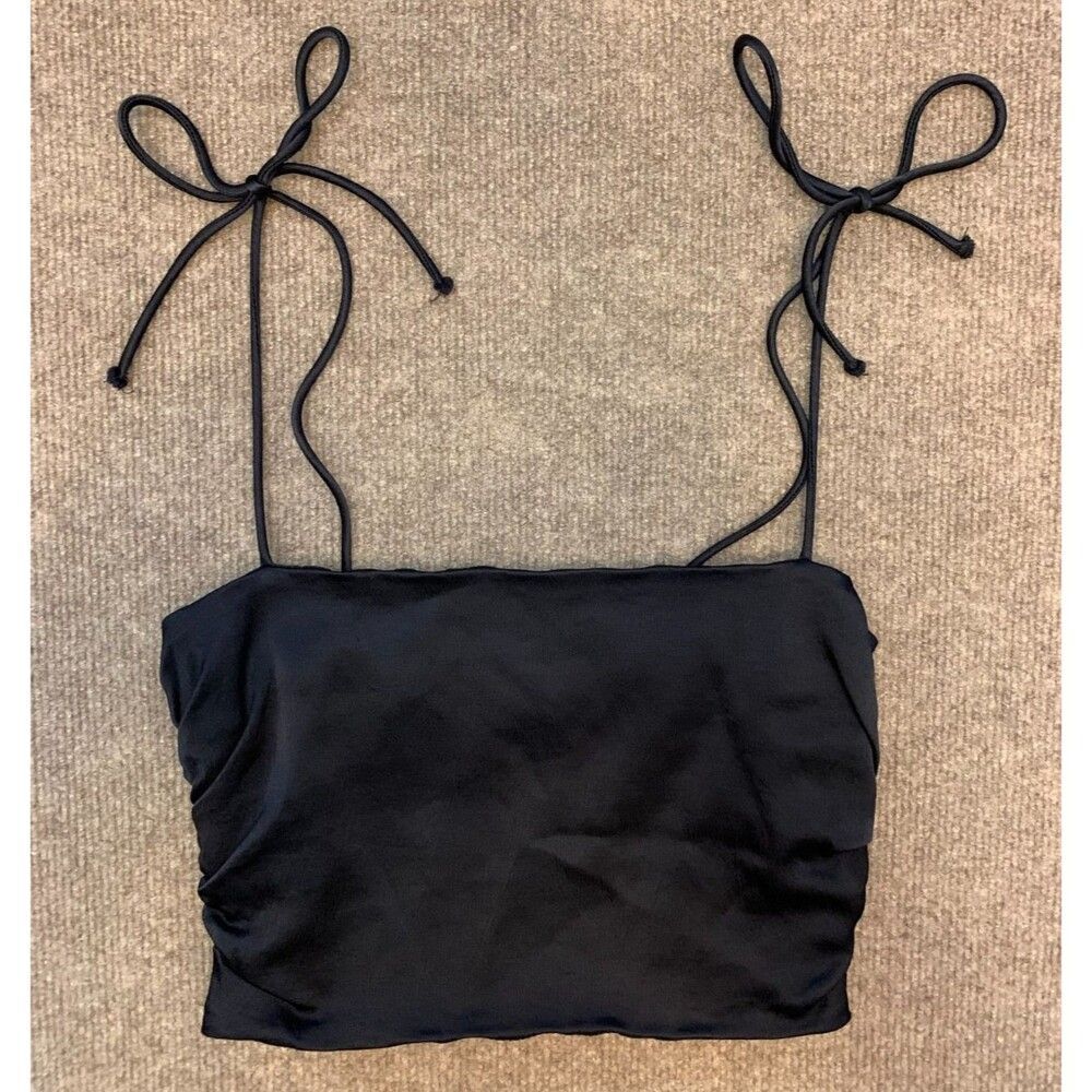 Zara Crop Top Womens S Black Satin Effect Tie Straps Smocked Ruffle Back